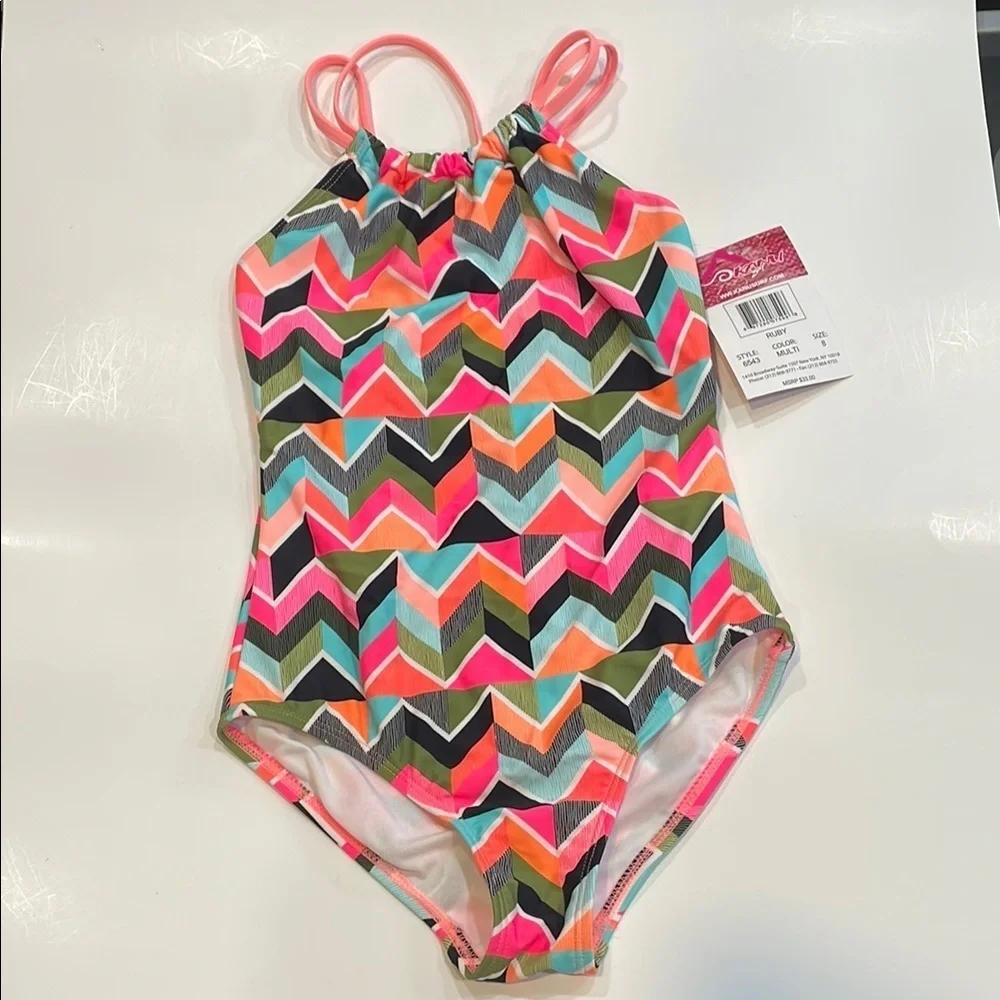 Kanu Surf Pink and Orange One Piece Swimsuit Chevron Pattern